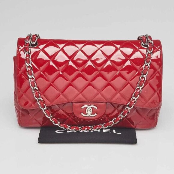 Chanel Red Quilted Patent Leather Classic Jumbo Double Flap Bag - Picture 1 of 12